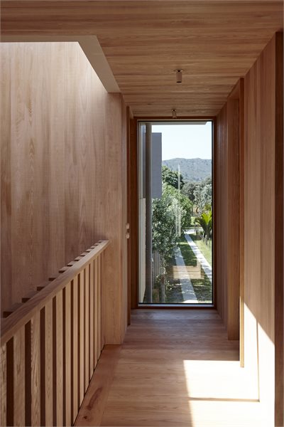 A full-height picture window takes in the lush sight of native plants thriving along the driveway