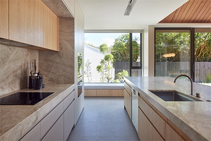 Natural light streams into the kitchen